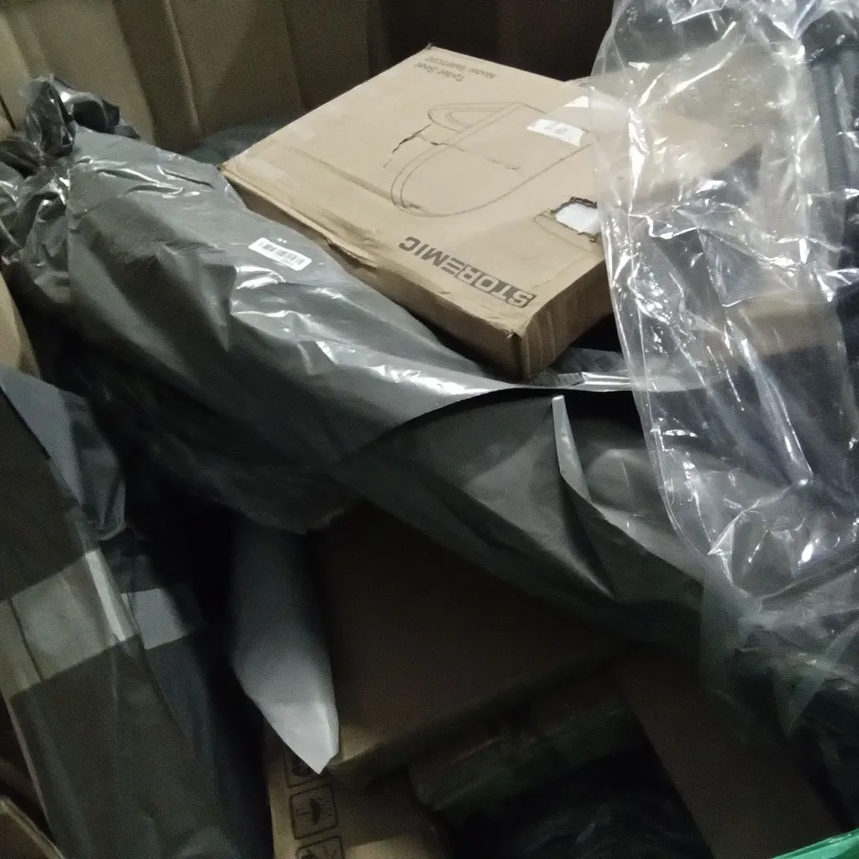 PALLET OF ASSORTED ITEMS INCLUDING MOVTOTOP FOLDING TRAMPOLINE, ACCSTORE FABRIC WARDROBE, STOREMIC TOILET SEAT, DUPRAY STEAM CLEANER, USA POSTER, MERDIA GUN CASE