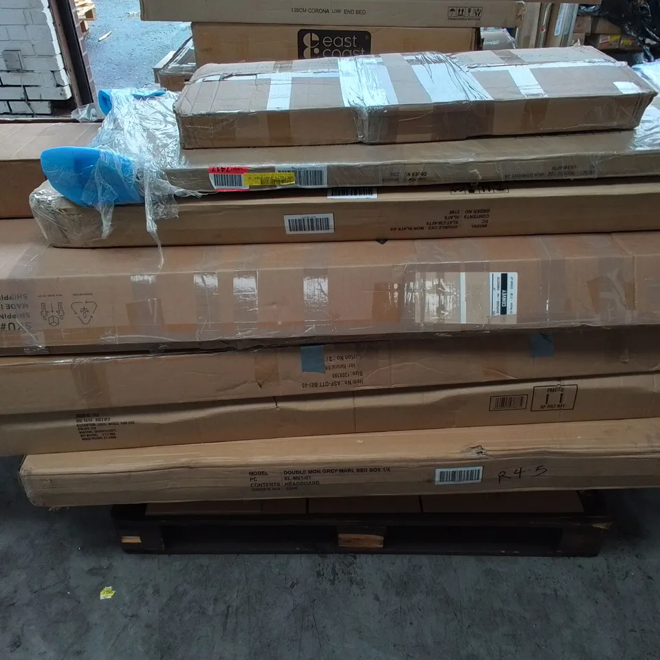 PALLET TO CONTAIN A LARGE ASSORTMENT OF INCOMPLETE FLATPACK BED PARTS 