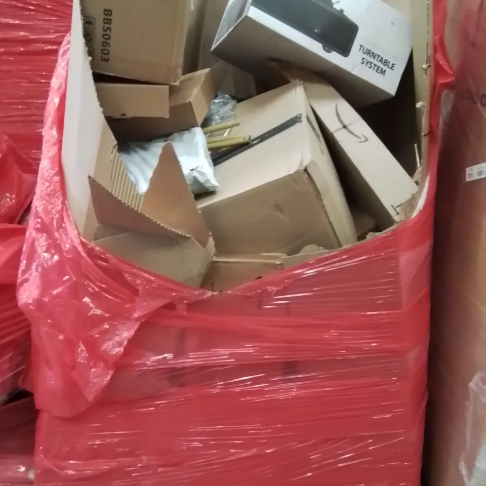 PALLET CONTAINING VARIOUS ASSORTED BOXED HOUSEHOLD ITEMS TO INCLUDE: TURNTABLE SYSTEM,  AND LOTS MORE UNMARKED BOXED ITEMS 