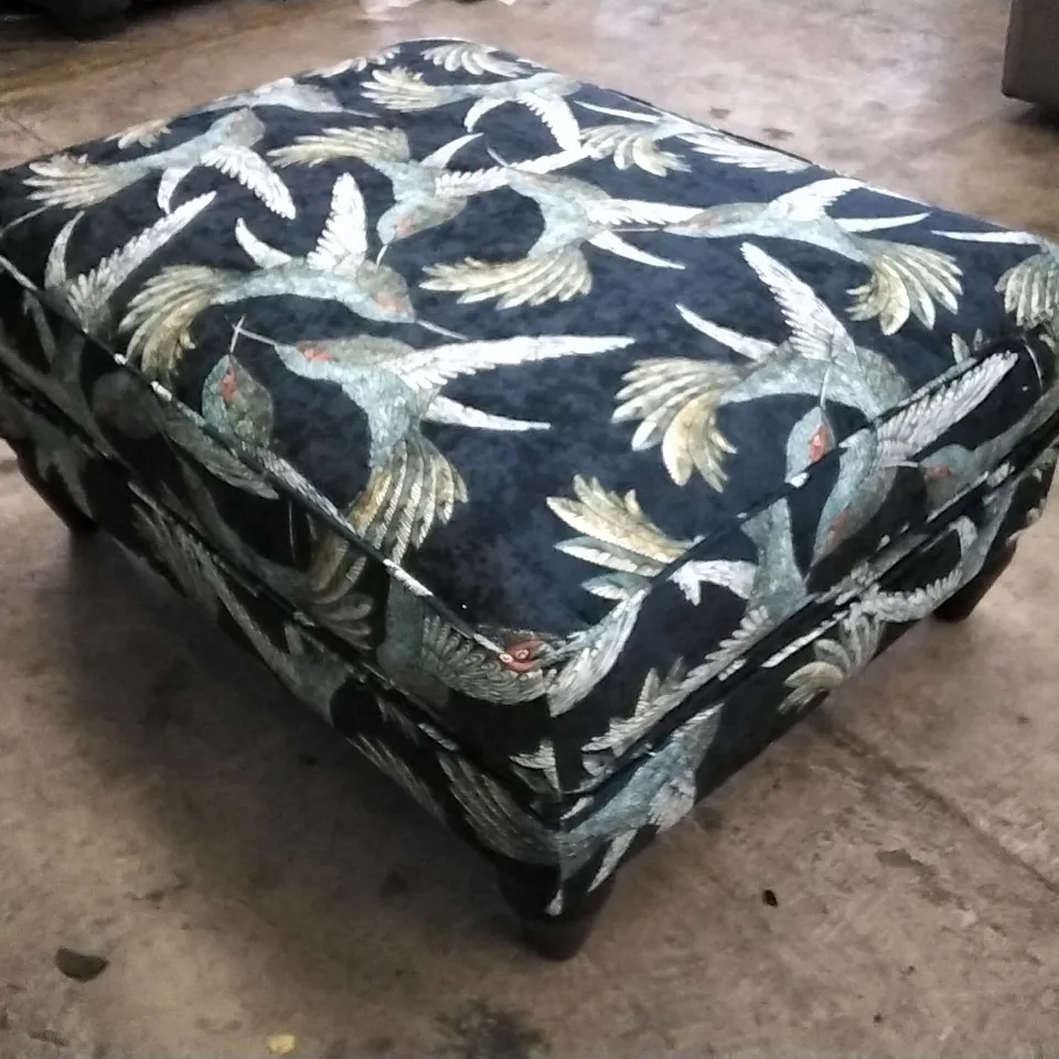 QUALITY BRITISH DESIGNER LOUNGE CO BRONWYN FOOTSTOOL PARADISE BIRD NAVY FABRIC