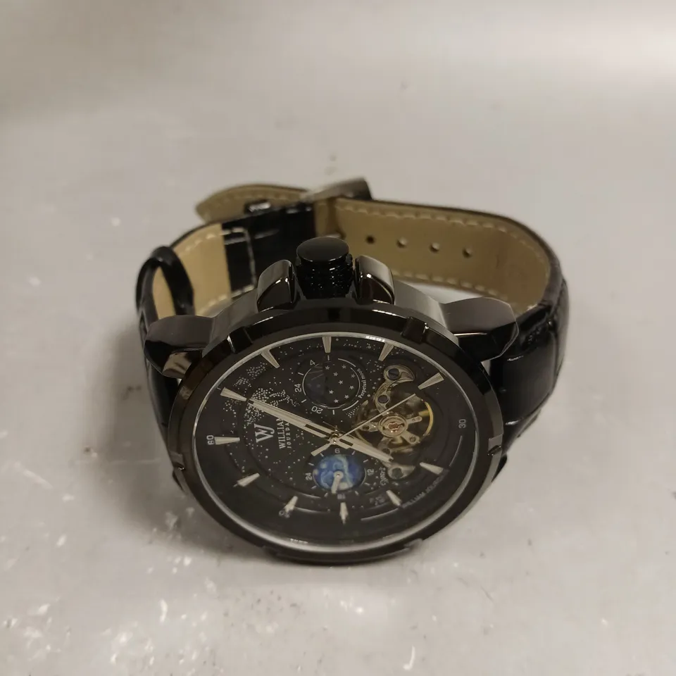 MENS WILLIAM JOURDAIN AUTOMATIC 2580 WATCH – OPEN HEART MOVEMENT WITH SUB DIALS – GLASS EXHIBITION BACK CASE – BLACK GENUINE LEATHER STRAP