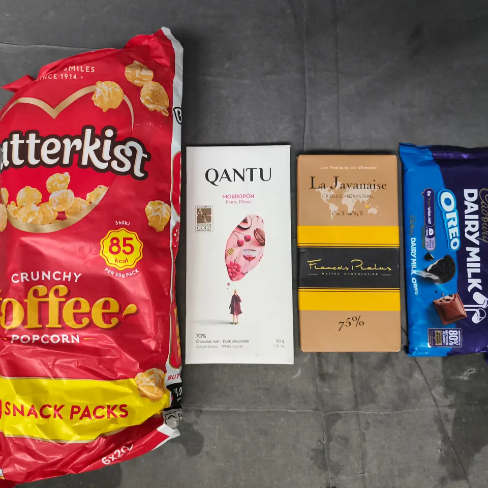 APPROXIMATELY 10 ASSORTED FOOD AND DRINK ITEMS TO INCLUDE TOFFEE POPCORN, DAIRY MILK OREO BAR, ETC
