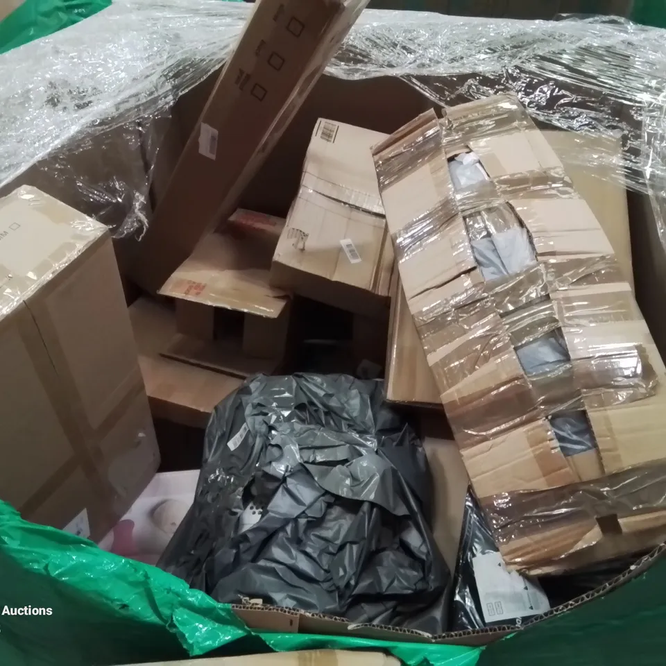 PALLET CONTAINING VARIOUS BOXED HOUSEHOLD ITEMS TO INCLUDE: HEATED BLANKETS,  BASKET AIR FRYER, RECTANGULAR MIRROR,  KIDS SLIDE AND LOTS MORE UNMARKED BOXED ITEMS.