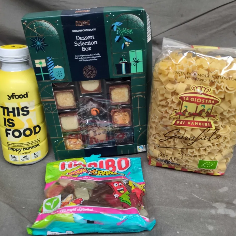 APPROXIMATELY 10 ASSORTED FOOD AND DRINK ITEMS TO INCLUDE PASTA SHAPES, YFOOD DRINK AND HARIBO SOUR SPARKS, ETC