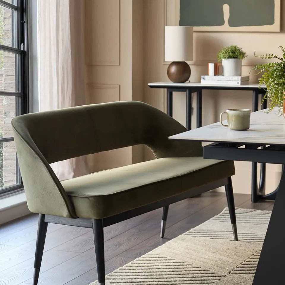 BOXED DANETTI CLOVER OLIVE GREEN VELVET DINING BENCH WITH BACKREST