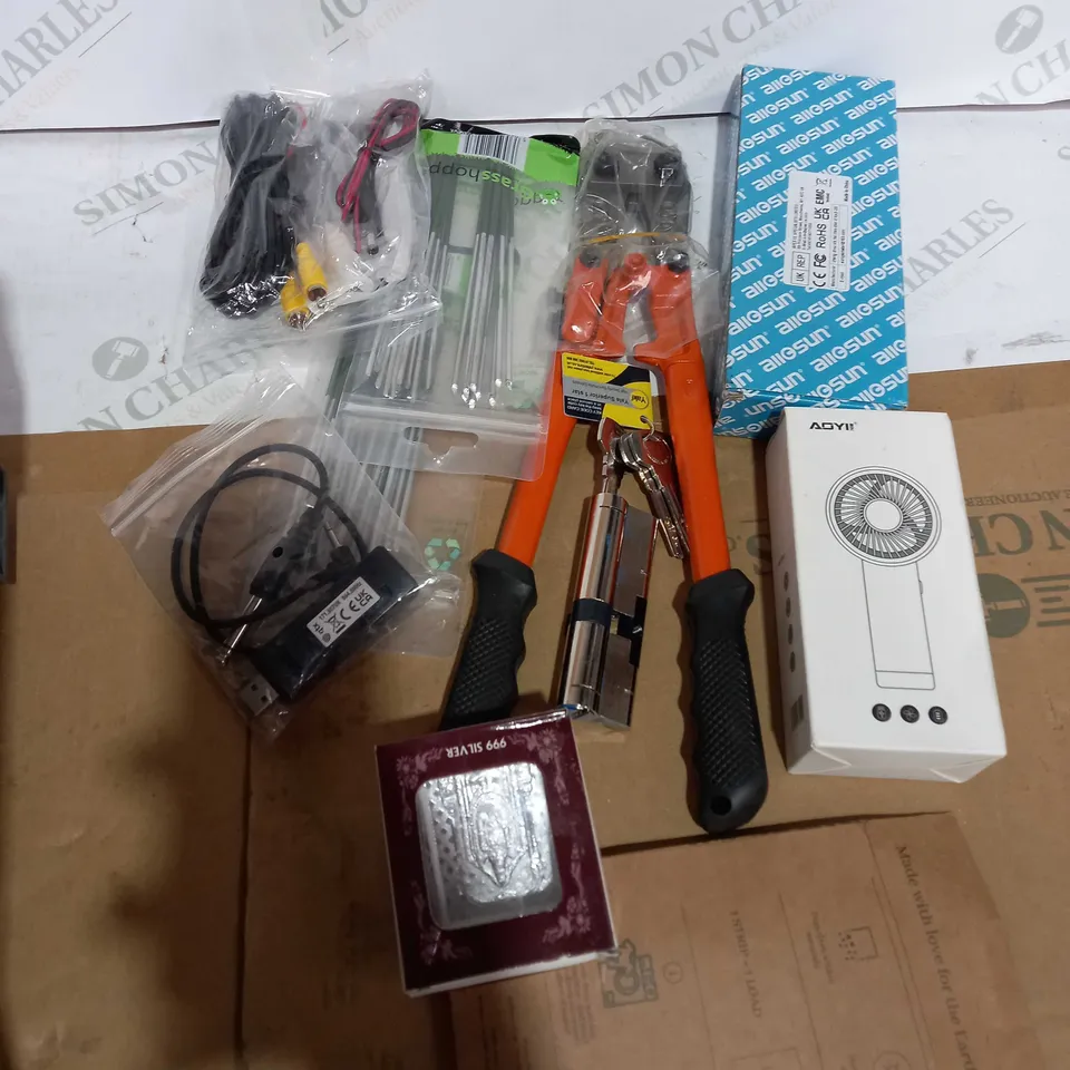 BOX OF ASSORTED HOUSEHOLD ITEMS TOO INCLUDE TOOLS AND LOCKS 
