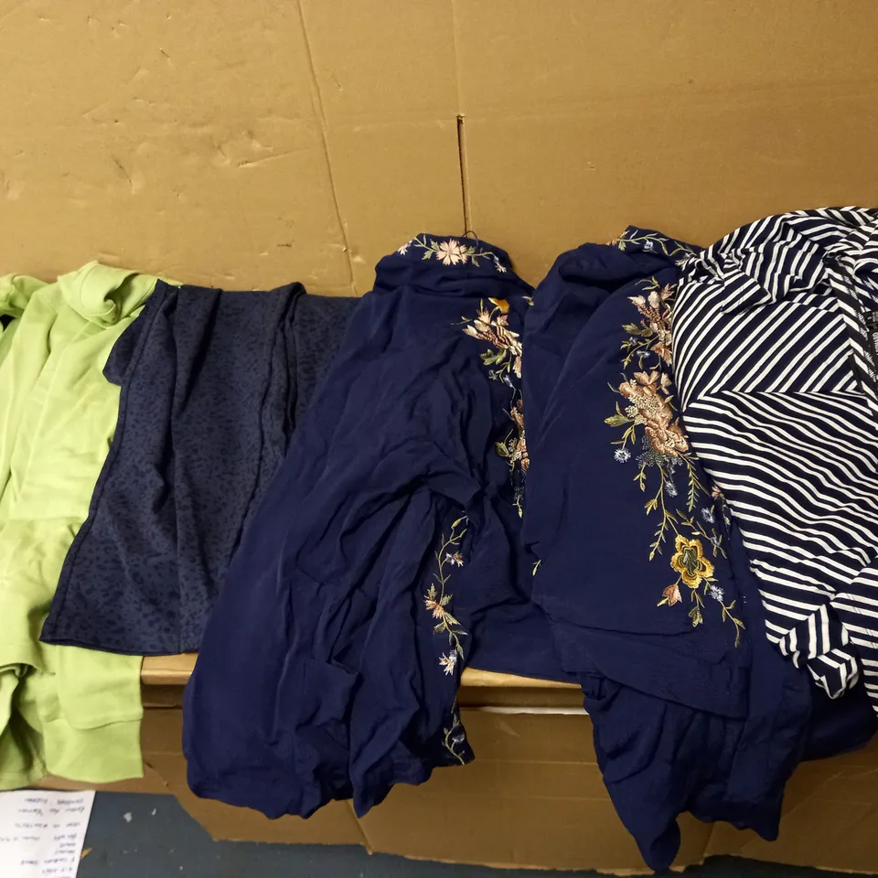 BOX OF MANY CLOTHES OF VARIED SIZES AND TYPES TO INCLUDE JOULES BLUE LEPOARD PANTS M, MONSOON SEW NAVY JACKET, AND NINA LEONARD S BLUE/WHITE DRESS ETC.