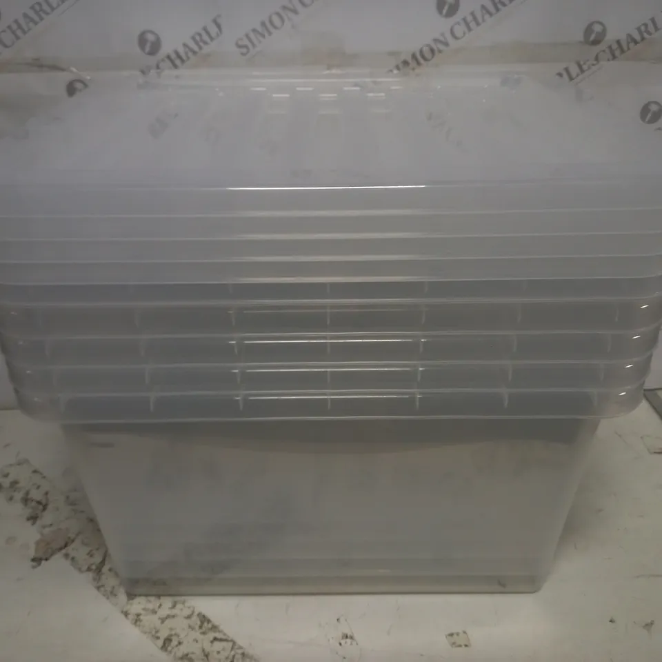 LOT OF 5 LIDDED CLEAR STORAGE CRATES