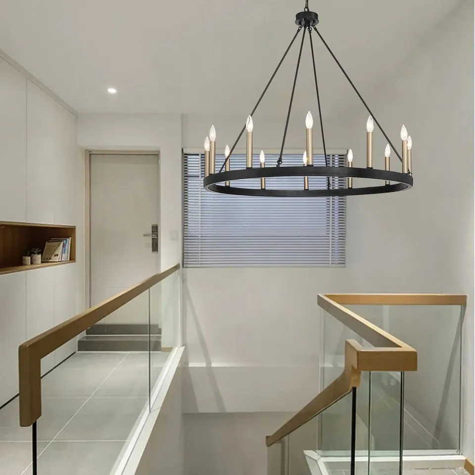 BOXED 12-LIGHT WAGON WHEEL CANDLE STYLE CHANDELIER - CLASSIC BLACK/BRASS DUST