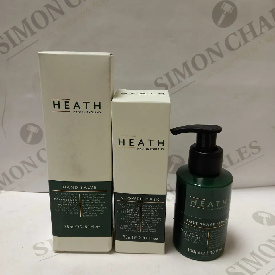 LOT OF 3 HEATH PRODUCTS TO INCLUDE SHOWER MASK 85ML, HAND SALVE 75ML, POST SHAVE REPAIR 100ML