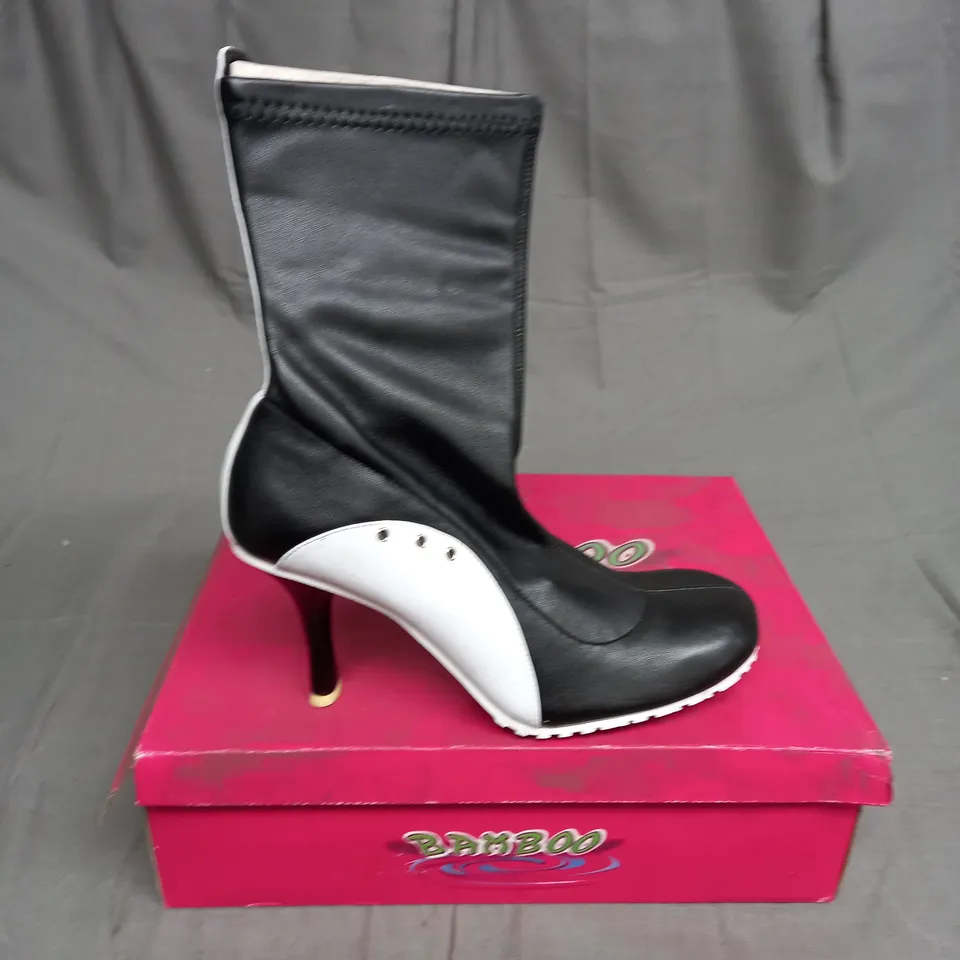 BOXED BAMBOO LEATHER BALLER HIGH HEEL SHOES IN BLACK AND WHITE SIZE 8.5