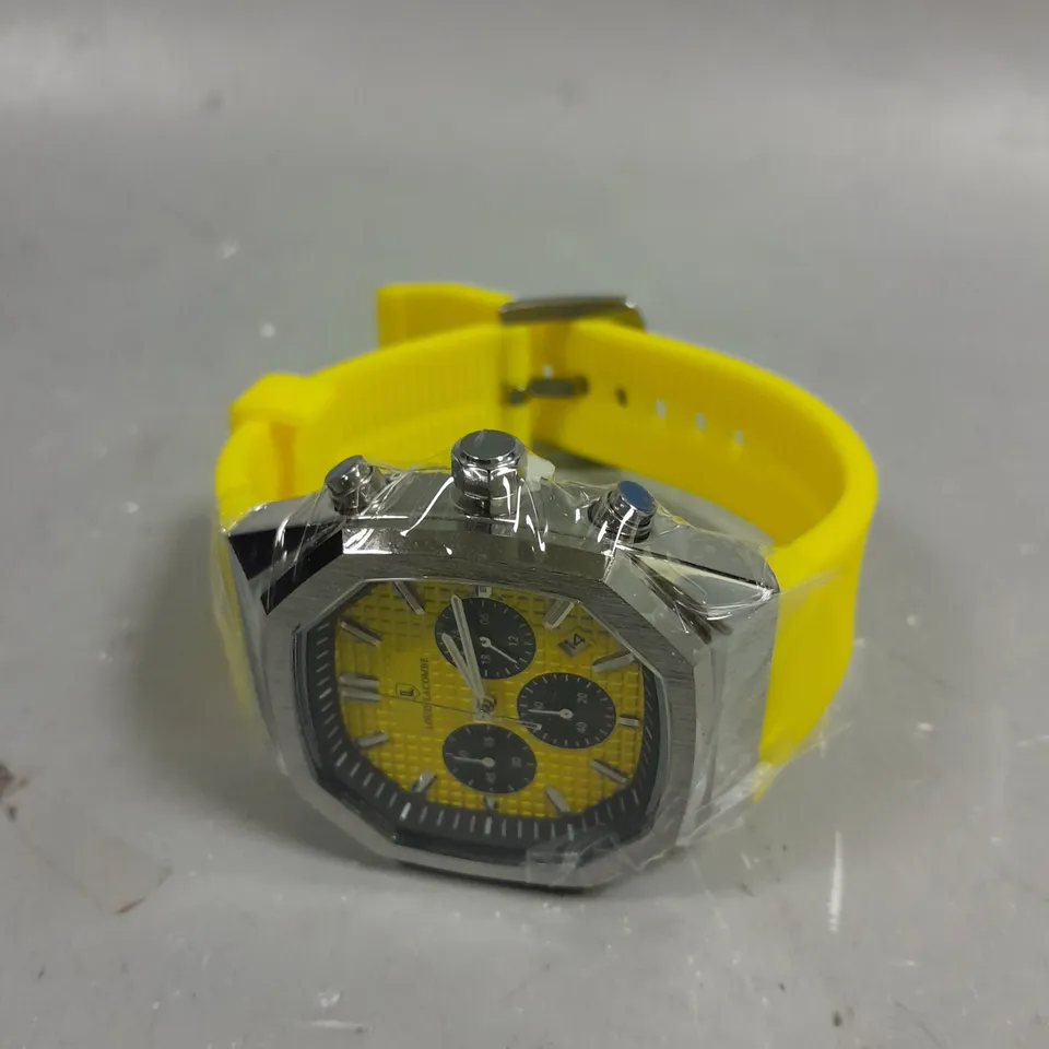 MENS LOUIS LACOMBE CHRONGRAPH WATCH – 3 SUB DIALS – SILVER COLOUR CASE – YELLOW RUBBER STRAP