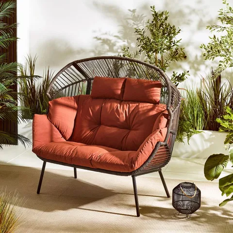 BOXED BROWN RATTAN & ORANGE GARDEN HANGING EGG CHAIR SEAT