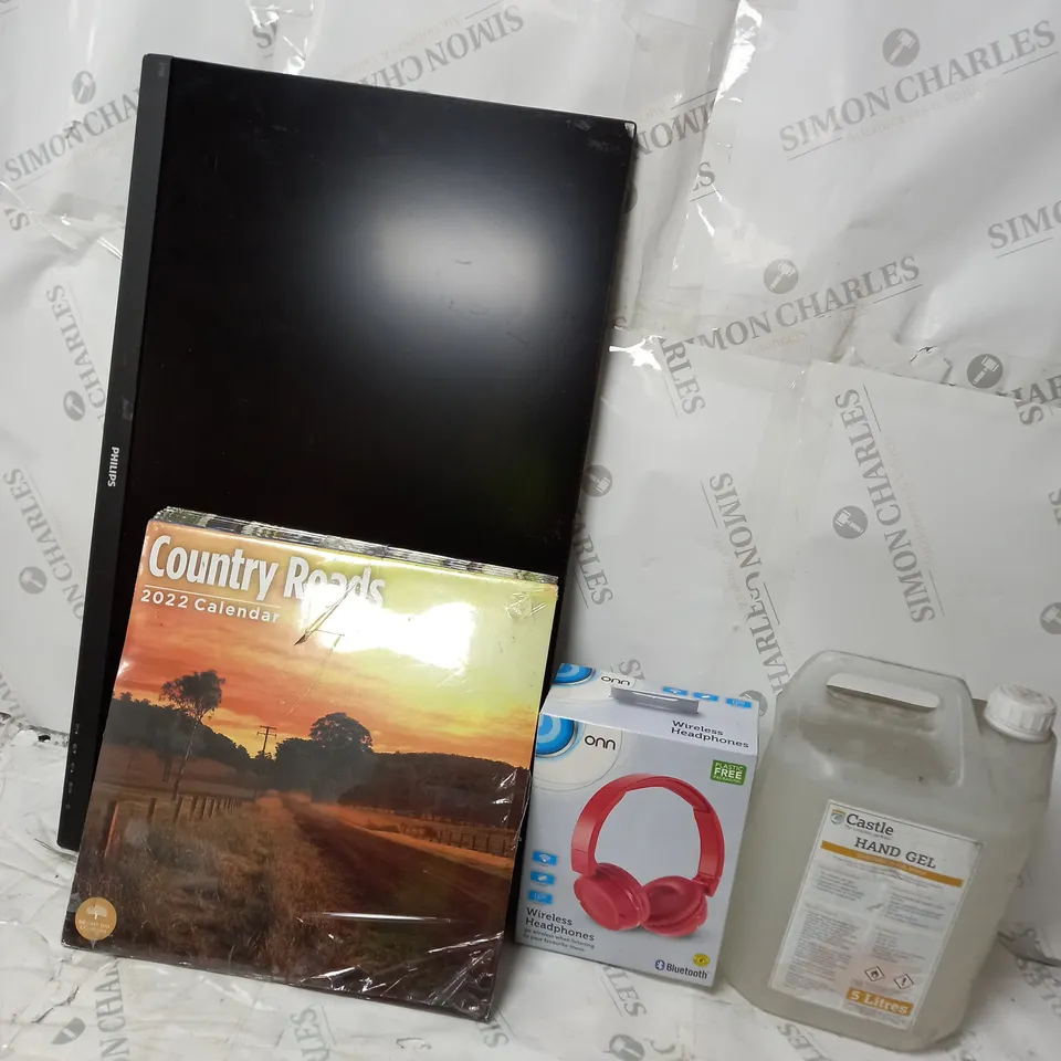 BOX OF ASSORTED ITEMS TOO INCLUDE MONITORS , HEADPHONES , AND HAND GEL