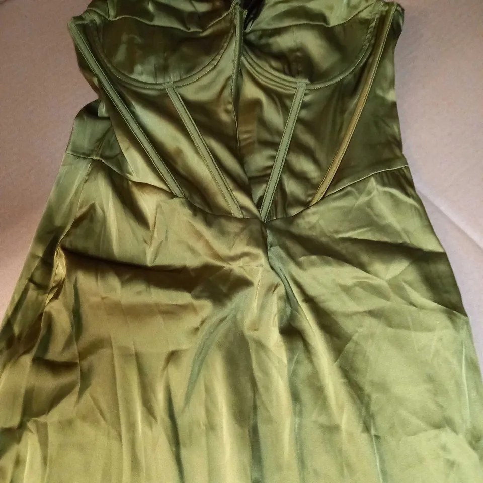 DESIGNER KHAKI SATIN CORSET TOP MIDI DRESS - SMALL