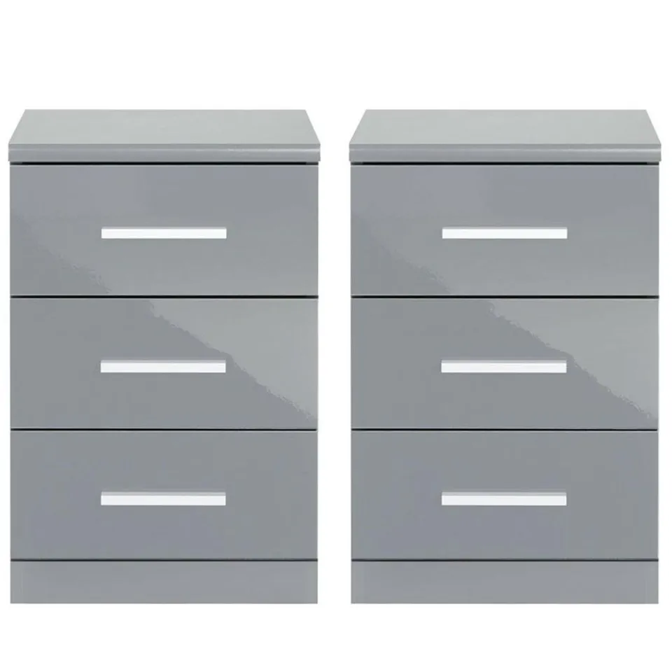 GRADE 1 PAIR OF PRAGUE GLOSS 3 DRAWER BEDSIDE CABINETS GLOSS GREY (1 BOX) - COLLECTION ONLY