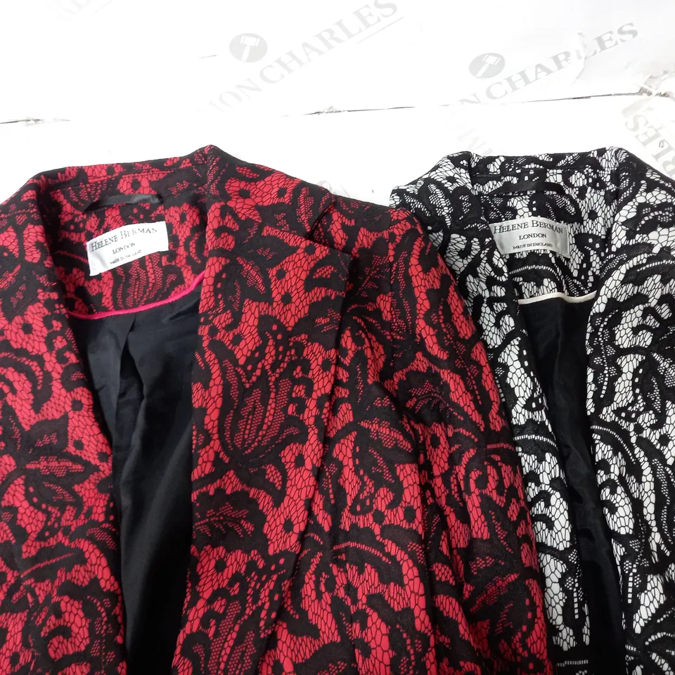 BOX OF 4 HELENE BERMAN LACE BLAZERS IN RED/BLACK & BLACK/WHITE, ONE EACH SIZE 10 & 12