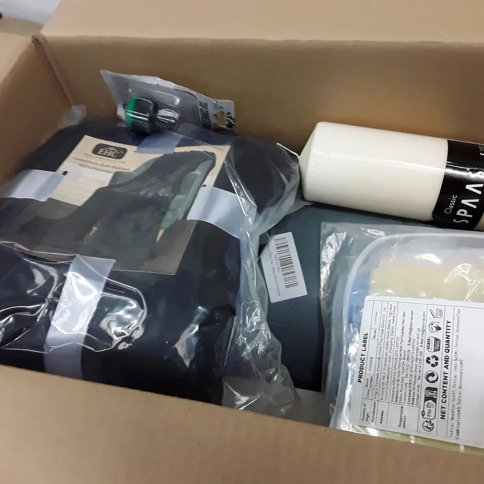 BOX CONTAINING ASSORTED ITEMS INCLUDING SOYA PILLAR WAX PELLETS, TAP CONNECTOR, LUXURIOUS SOFT BLANKET, SPAAS CANDLE, TATTOO NEEDLE SET 