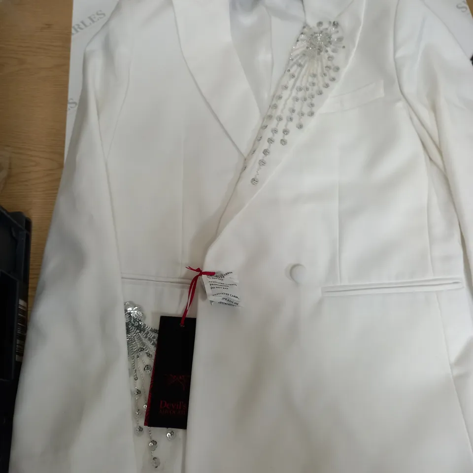 DEVILS ADVOCATE WHITE BLAZER WITH SQUIN EMBELISHMENTS SIZE 38