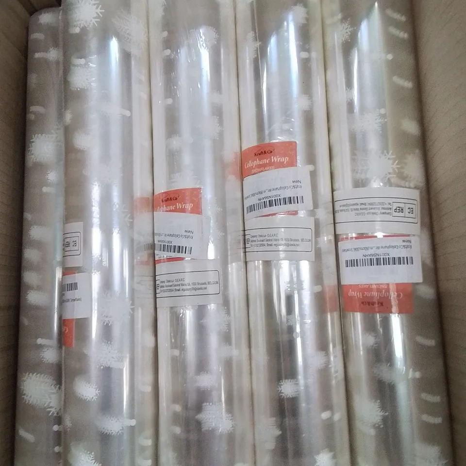 BOX CONTAINING LARGE AMOUNT OF CELLOPHANE WRAP -SNOWFLAKE DESIGN-