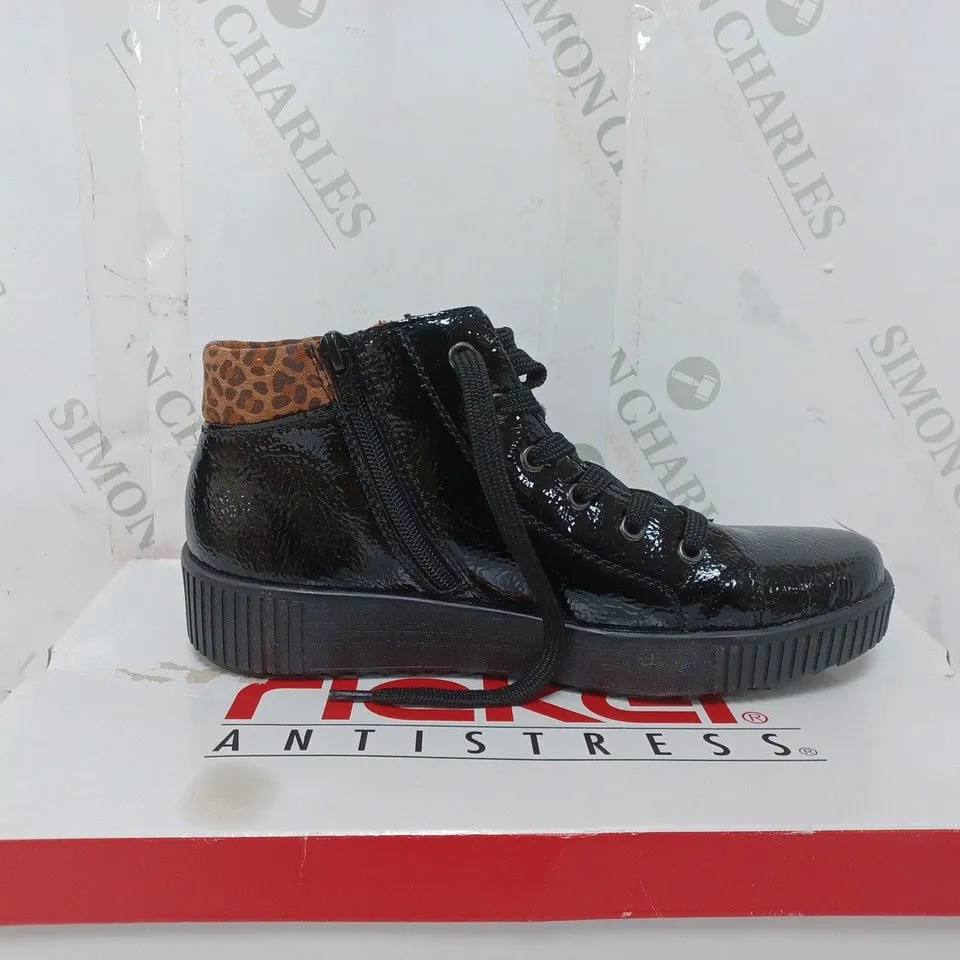 BOXED PAIR OF RIEKER HI TOP TRAINERS IN BLACK SIZE 6