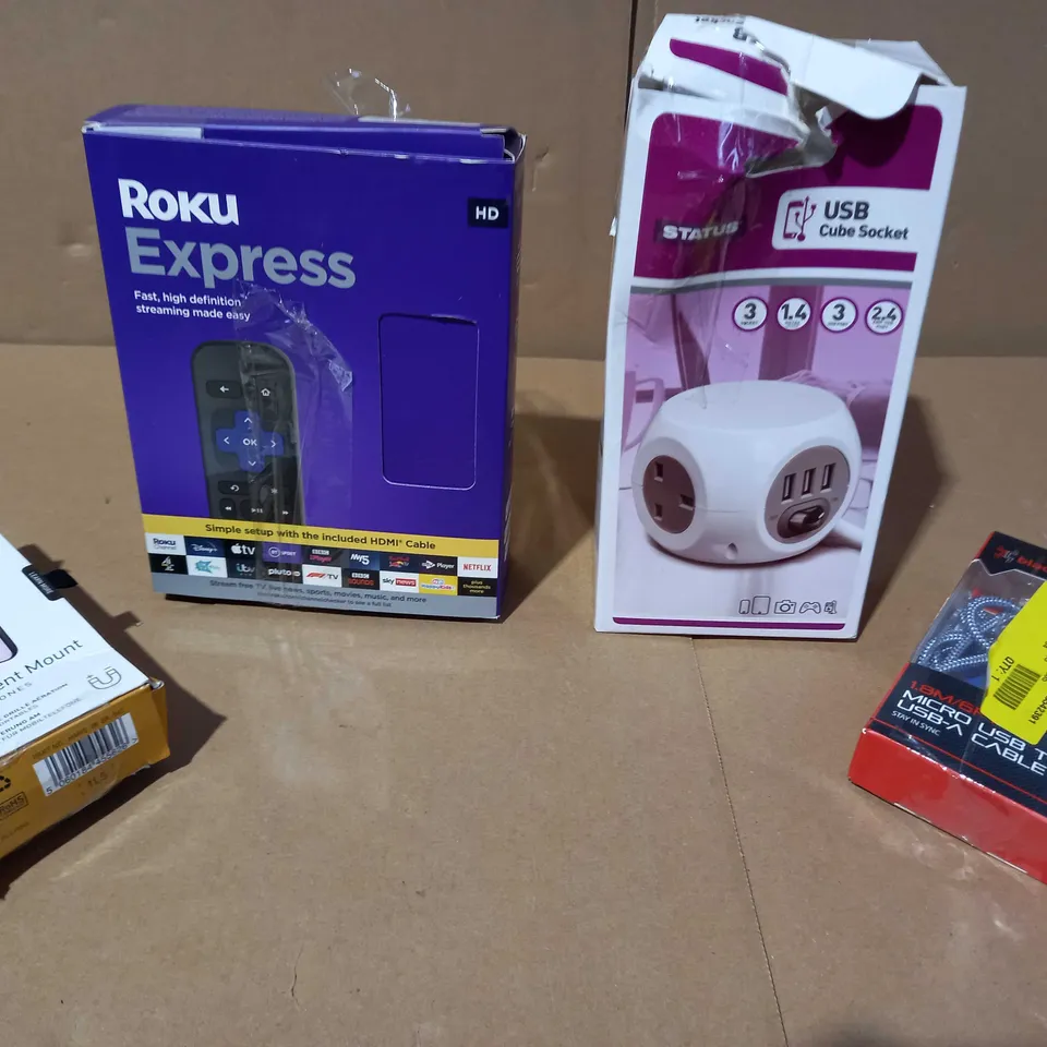 LOT OF APPROXIMATELY 30 ASSORTED ELECTRIAL ITEMS, TO INCLUDE USB CUBE, ROKU STICK, PHONE CAR MOUNT, ETC