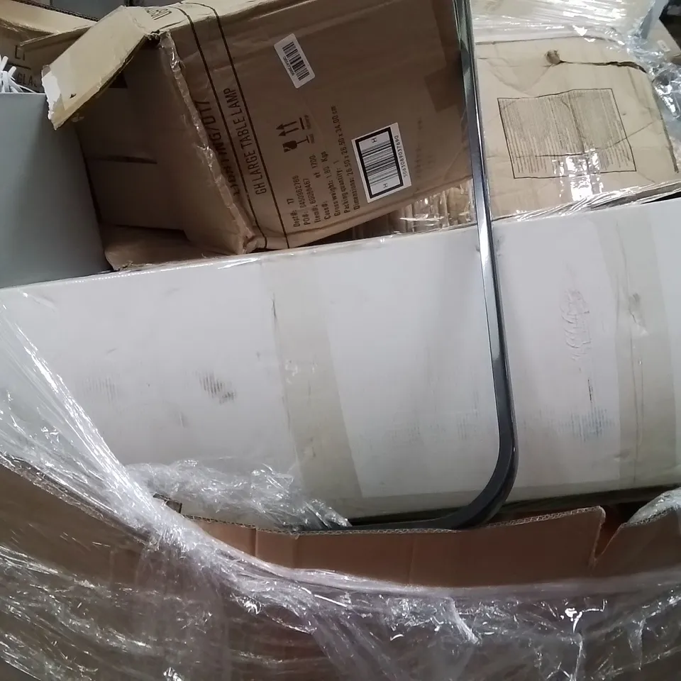 PALLET OF ASSORTED HOUSEHOLD GOODS AND PRODUCTS TO INCLUDE;TABLE LAMP,TRAMPOLINE,HOSE,INFLATABLE