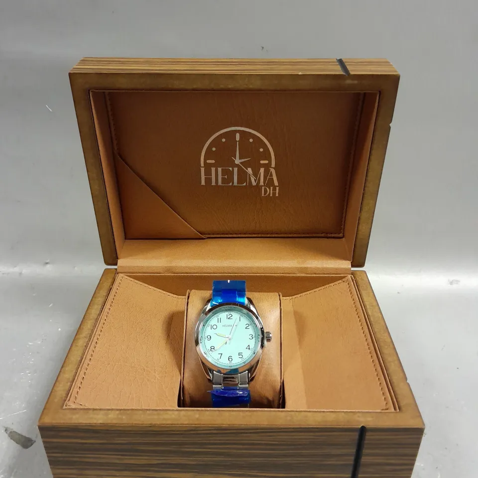 BOXED HELMA DH CHRONOGRAPH WATCH LIGHT BLUE DIAL AND SILVER COLOURED BEZEL