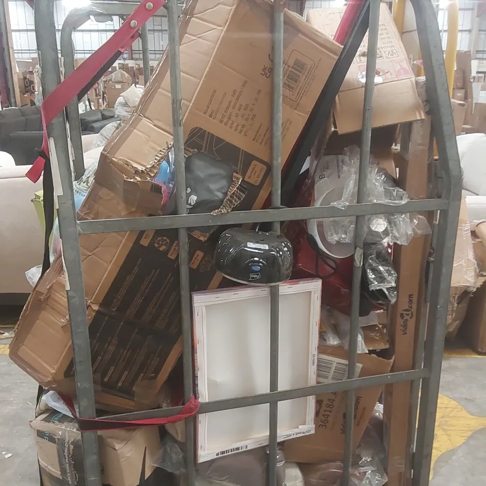 CAGE CONTAINING A LARGE QUANTITY OF ASSORTED ITEMS INCLUDING: BABY PLAYPEN, PAINTING, GLASS KETTLE, DINNERWARE ECT // CAGE NOT INCLUDED