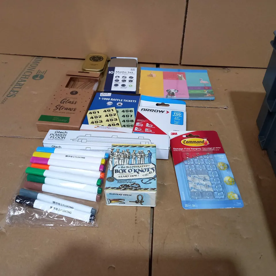 TOTE OF APPROXIMATELY 30 ASSORTED ITEMS TO INCLUDE A 10PC MATH SET AND TIN PENCIL CASE, 1-1000 RAFFLE TICKETS, A MARKER SET AND A GLASS STRAW SET