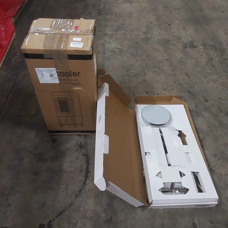 PALLET OF ASSORTED HOUSEHOLD ITEMS AND CONSUMER PRODUCTS TO INCLUDE; AIR COOLER, SHOWER SET, BOXED FURNITURE ETC 