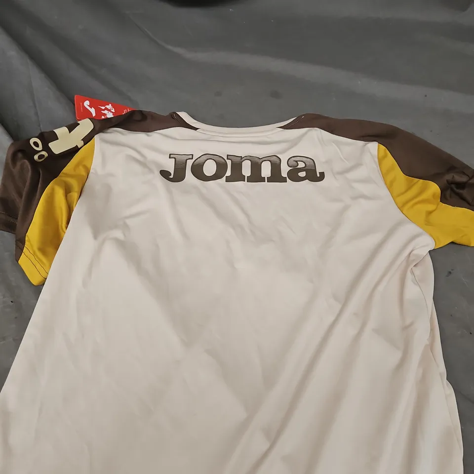 BRENTFORD FC FOOTBALL JERSEY BY JOMA – WHITE WITH BROWN & YELLOW SLEEVES, SIZE L (MEN)
