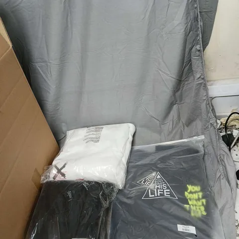 THIS LIFE GREY HOODIE WITH TRIANGLE LOGO – SET OF 3 TOPS AN ASSORTED BOX OF APPROXIMATELY  14 ITEMS . HOODIES AND T- SHIRTS .