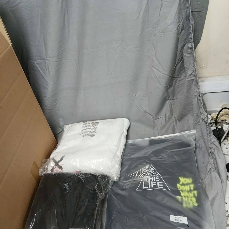 THIS LIFE GREY HOODIE WITH TRIANGLE LOGO – SET OF 3 TOPS AN ASSORTED BOX OF APPROXIMATELY  14 ITEMS . HOODIES AND T- SHIRTS .