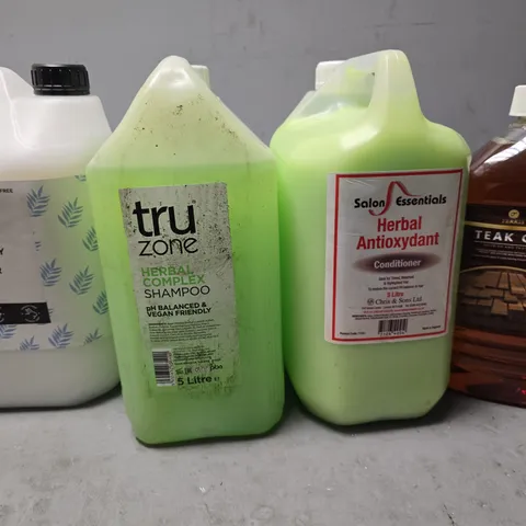 APPROXIMATELY 4 ASSORTED LIQUIDS TO INCLUDE :  TEAK OIL , HERBAL ANTIOXYDANT , TRU ZONE HERBAL COMPLEX SHAMPOO ETC