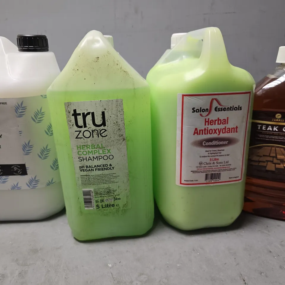 APPROXIMATELY 4 ASSORTED LIQUIDS TO INCLUDE :  TEAK OIL , HERBAL ANTIOXYDANT , TRU ZONE HERBAL COMPLEX SHAMPOO ETC