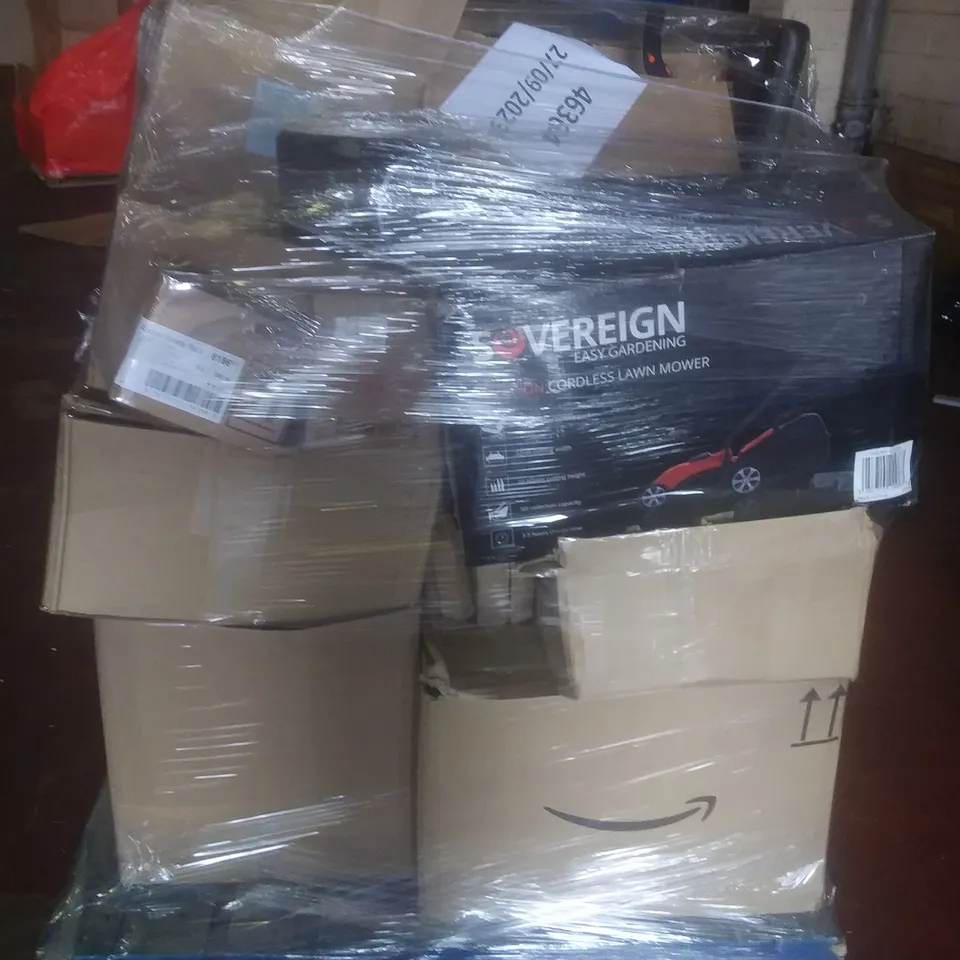 PALLET OF ASSORTED ELECTRICAL ITEMS INCLUDING CORDLESS LAWN MOWER, RHONE WHITE MIRROR, ARLEC FLASHLIGHT, BOX OF EARPHONES
