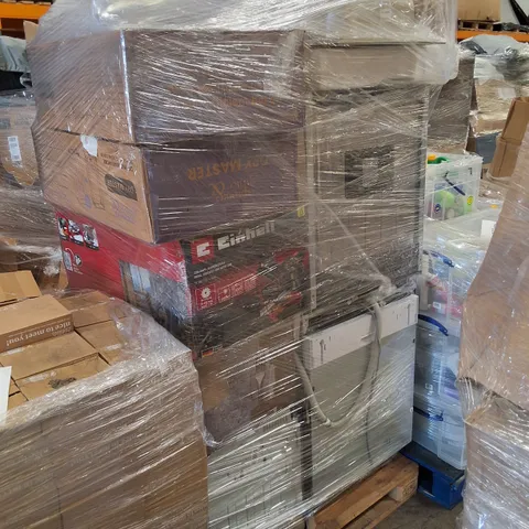 PALLET CONTAINING ASSORTED ELECTRONIC PRODUCTS & KITCHEN APPLIANCES INCLUDING DISHWASHER, EINHELL MITRE SAW, HISENSE ELECTRIC CERAMIC HOBS & DRYING WARDROBE WITH HEAT-SEALING COVER
