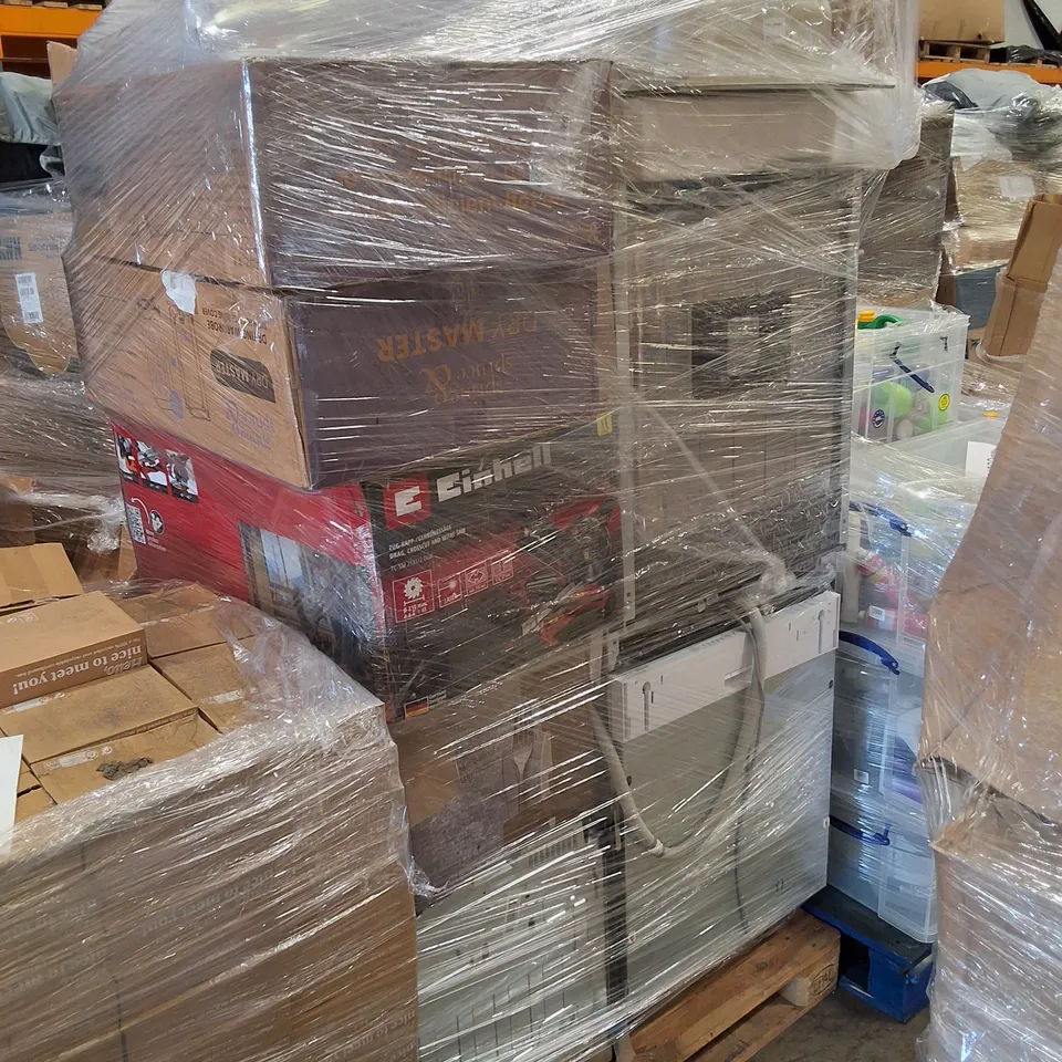 PALLET CONTAINING ASSORTED ELECTRONIC PRODUCTS & KITCHEN APPLIANCES INCLUDING DISHWASHER, EINHELL MITRE SAW, HISENSE ELECTRIC CERAMIC HOBS & DRYING WARDROBE WITH HEAT-SEALING COVER