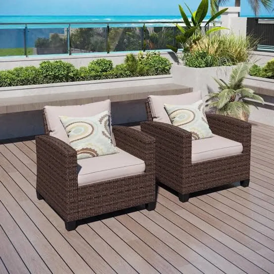 BOXED DARK BROWN RATTAN WICKER OUTDOOR PATIO LOUNGE CHAIRS WITH BEIGE CUSHIONS (1 BOX)