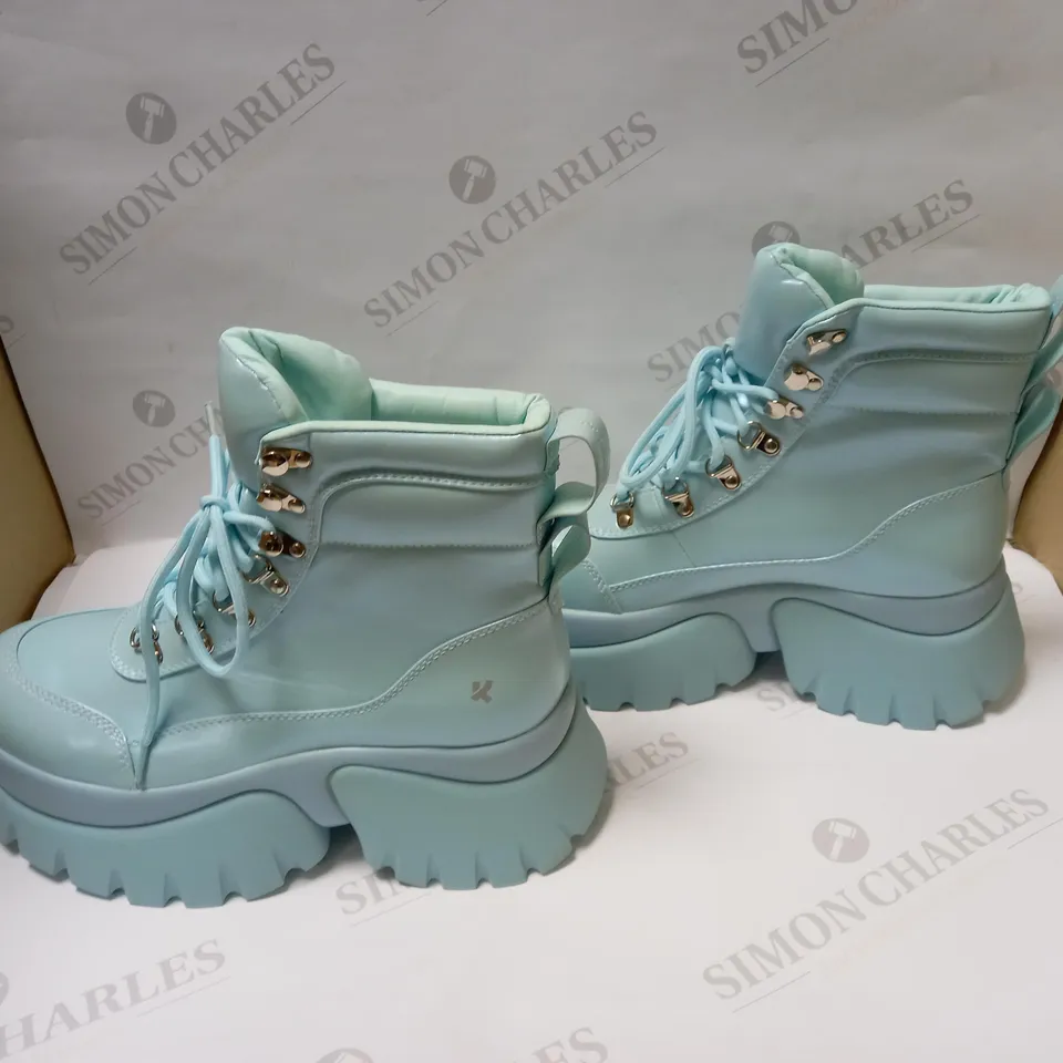 DESIGNER KOI VEGAN GOOEY BABY BLUE PLATFORM BOOTS- SIZE 8