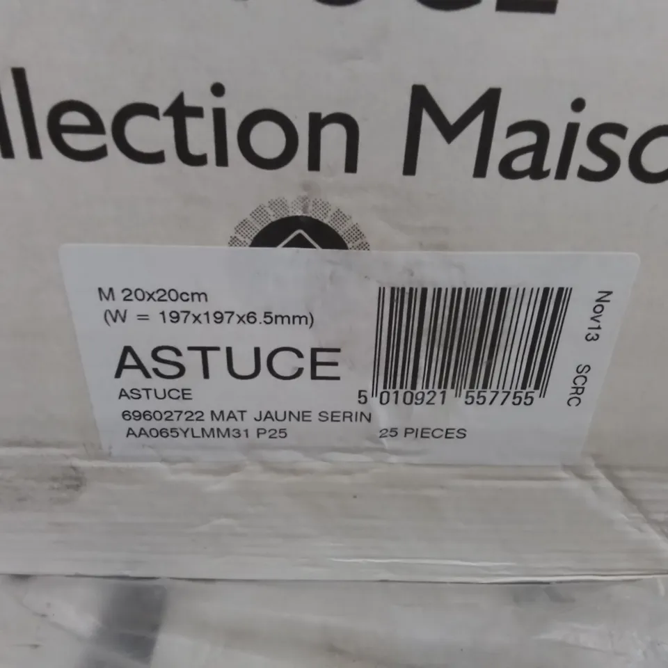 PALLET TO CONTAIN APPROX. 96 X PACKS OF JOHNSON BRAND NEW ASTUCE COLLECTION MAISON TILES IN MAT JAUNE SERIN - 25 TILES PER PACK // SIZE: 197 X 197 X 6.5mm