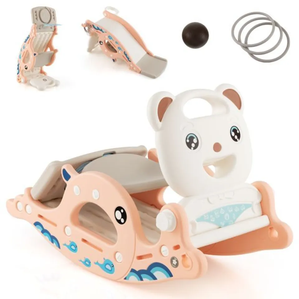 BOXED COSTWAY 4-IN-1 KIDS SLIDE ROCKING HORSE WITH BASKETBALL AND RING - PINK