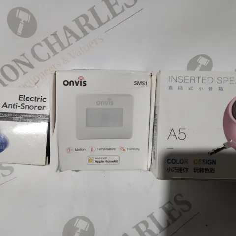BOX OF APPROXIMATELY 10 ASSORTED HOUSEHOLD ITEMS TO INCLUDE INSERTED SPEAKERS, ONVIS SMS1, ELECTRIC ANTI-SNORER, ETC