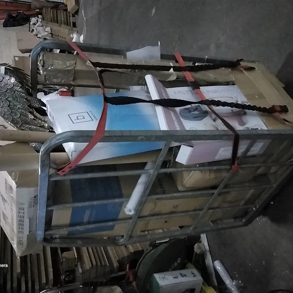 CAGE OF ASSORTED ITEMS TO INCLUDE KNITTING MACHINE, MEEDEN 10-DRAWER ARTIST SUPPLY STORAGE BOX, GETFIT PREMIUM AIR BED, NEWENTOR MATTRESS TOPPER, G4GADGET BOOK COVER FILM, BENKSTEIN TOILET SEAT 