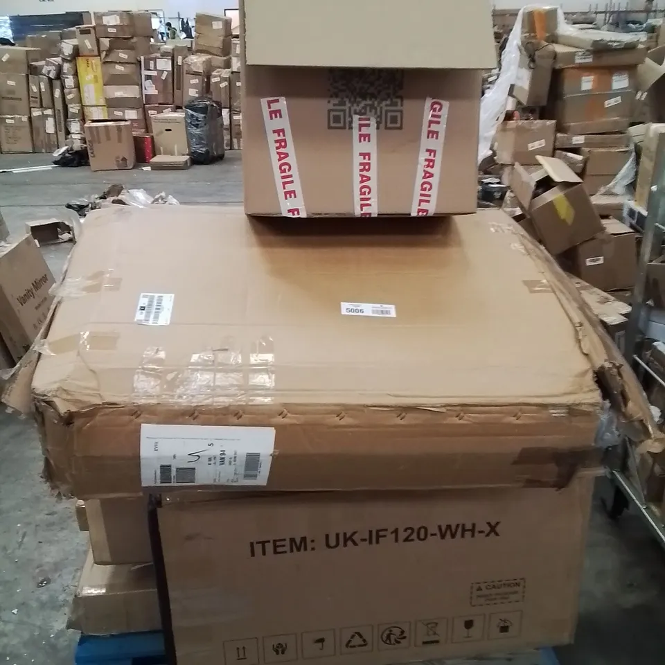 PALLET CONTAINING VARIOUS BOXED HOUSEHOLD CUSTOMER RETURNS TO INCLUDE: SOFA BED PARTS, CHAFING BUFFET SET,  FOODS BALL TABLE ETC. 