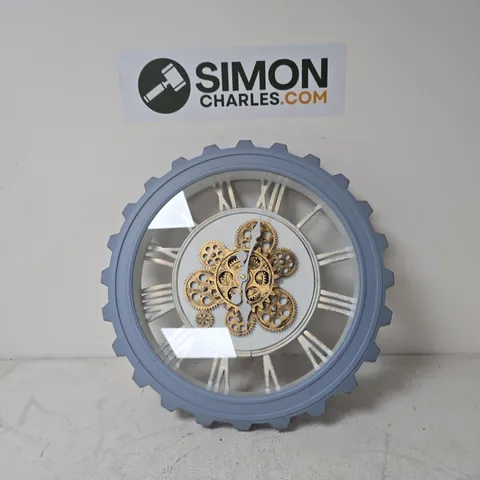 BLUE GEAR WALL CLOCK WITH VISIBLE BRASS GEARS β DECORATIVE CLOCK