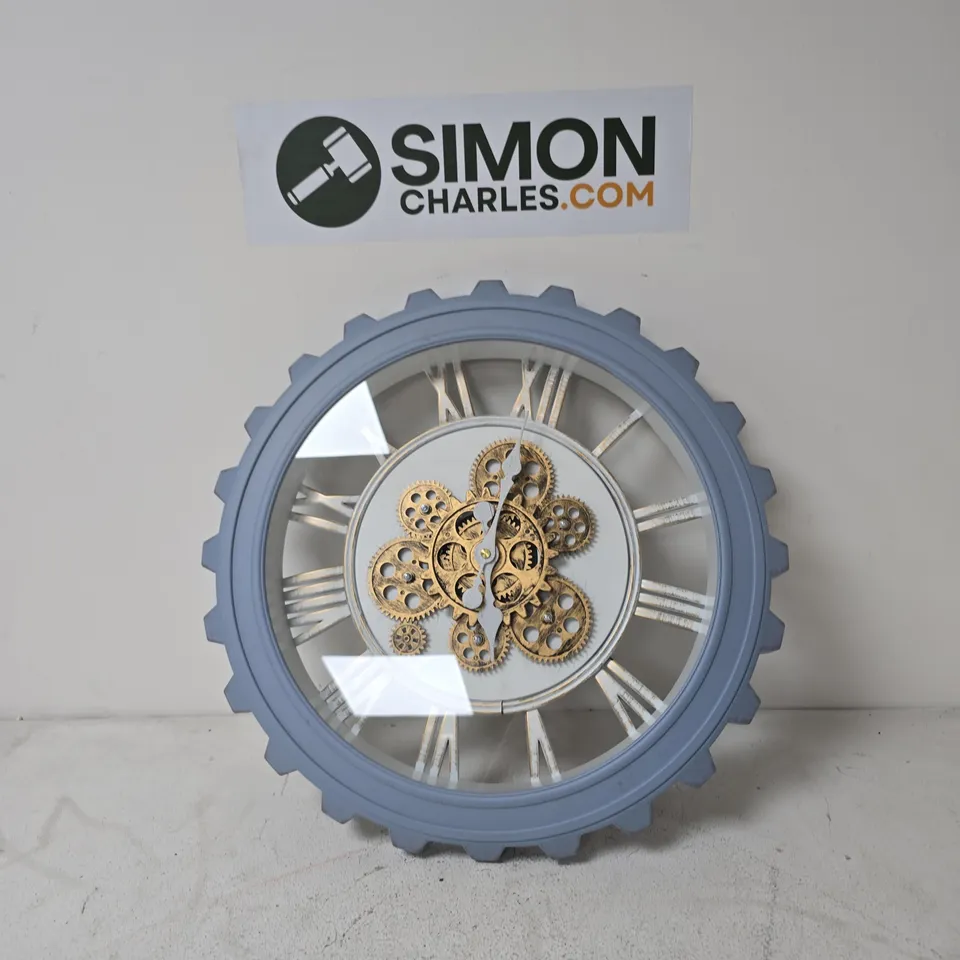 BLUE GEAR WALL CLOCK WITH VISIBLE BRASS GEARS – DECORATIVE CLOCK