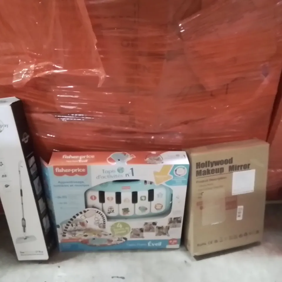 PALLET OF ASSORTED HOUSEHOLD GOODS AND PRODUCTS TO INCLUDE;WATER SPRAY MOP,KIDS INTERACTIVE TOY,MIRROR 