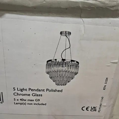 BOXED DAR FAME 5-LIGHT PENDANT CEILING LIGHT IN POLISHED CHROME AND GLASS